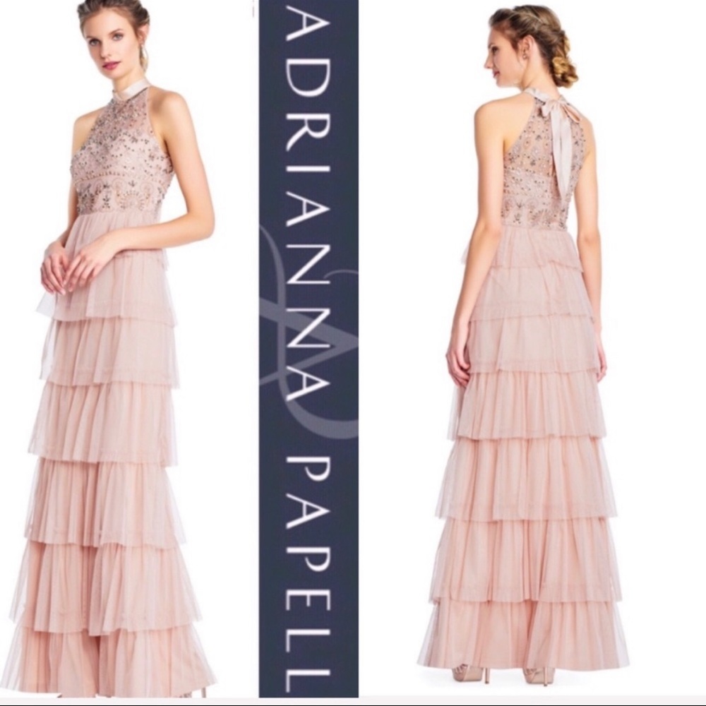 Adrianna Papell tiered tulle skirt beaded bodice